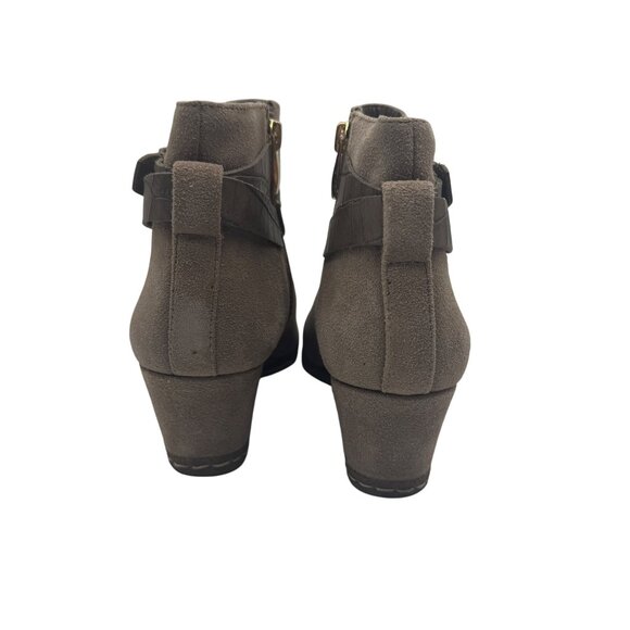 Taupe Suede Faux Leather Strap Wedge Boots Size 7 Franco Sarto - Picture 3 of 11